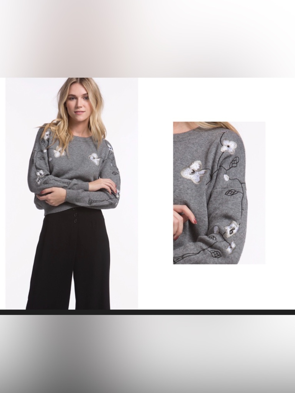 Lumiere Gray Floral Embroidered Crewneck Sweater